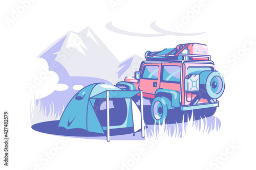 Tourist camp tent and suv