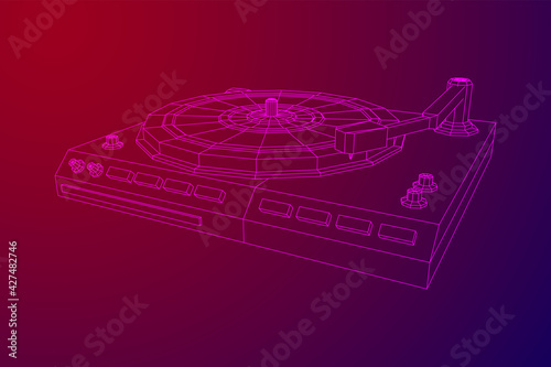 Vinyl turntable audio device. Wireframe low poly mesh vector illustration.
