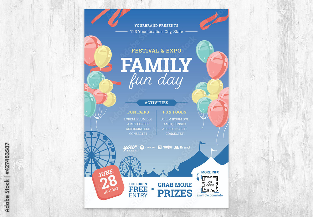 Family Fun Day Poster Flyer with and Fairground Illustration Stock Adobe Stock