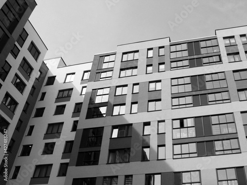new houses with a sky, black and white
