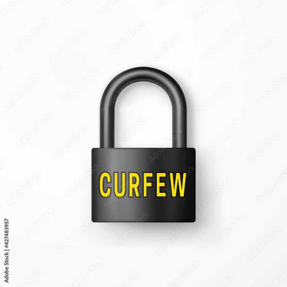 Closed Secure Black Metal Padlock with Curfew Text. Curfew sign. Isolated lock icon. Riot prevention concept. Restriction of movement. Reduced aggression. Health care Closed Secure Black Metal Padlock with Curfew Text. Curfew sign. Isolated lock icon. Riot prevention concept. Restriction of movement. Reduced aggression. Health care