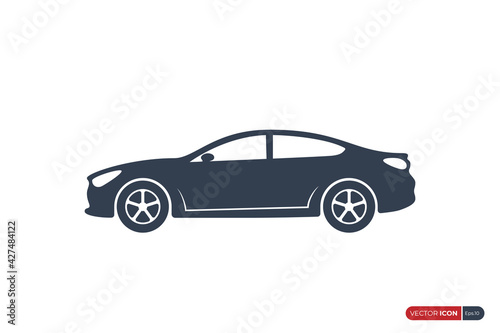 Car Icon with Racing Wheels. Sport Car Silhouette Side View isolated on White Background. Usable for Automobile Logo. Flat Vector Illustration Design Template Element.