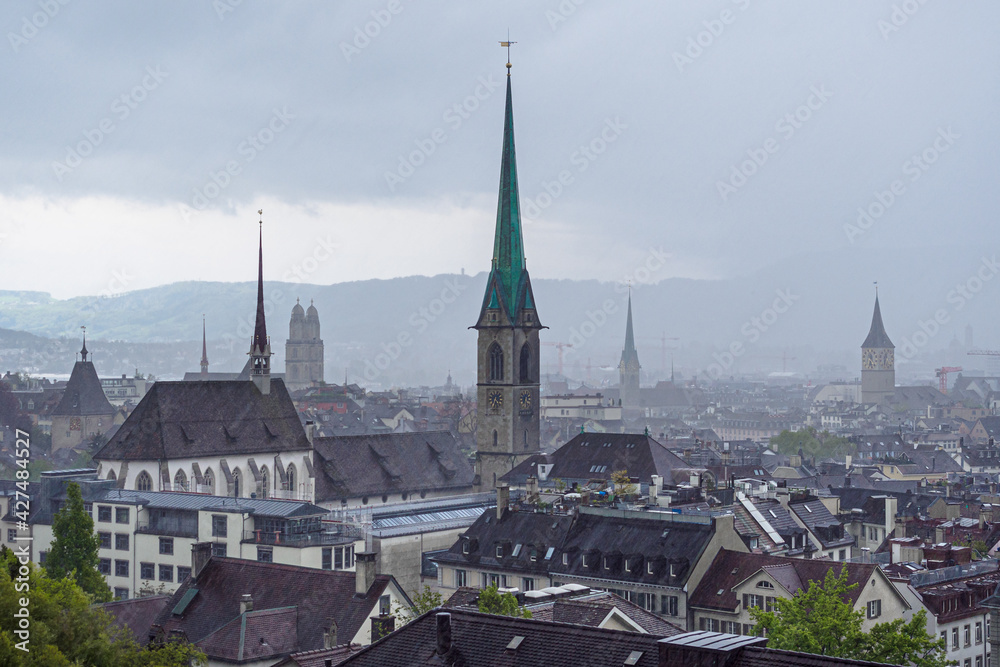 View of Zurich in the rain and clouds, Switzerland