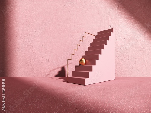3D render  Abstract composition  background with geometric Objects and shadow on the wall. Showcase  Podium  stand of stairs  golden arches for advertising  presentation of goods  products. 