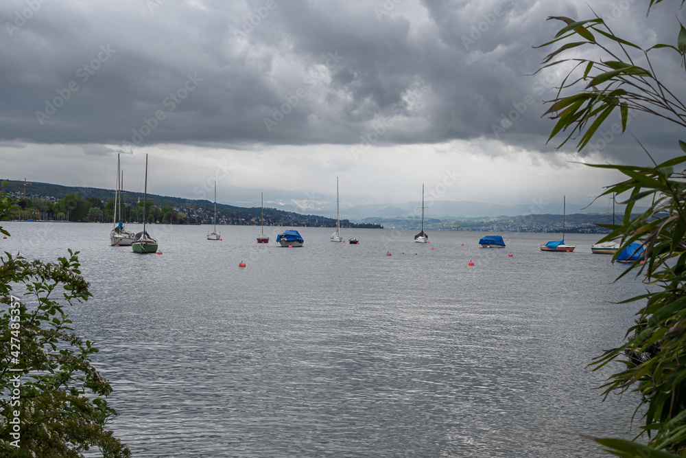 Switzerland, Zurich - November, 2020 - Anchorage for sailing yachts on Lake Zurich