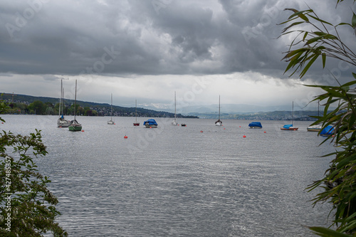 Obraz na płótnie Switzerland, Zurich - November, 2020 - Anchorage for sailing yachts on Lake Zurich w salonie