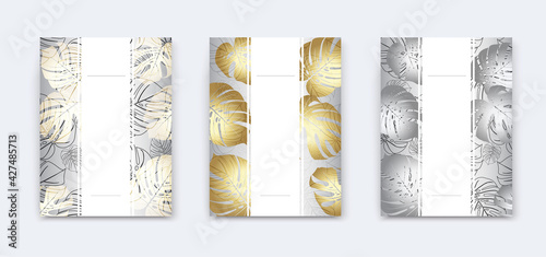Vector banner Summer tropical flyer design with monstera palm leaves. Copy Space. cover design background. Web template promotion social media content