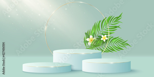 Exotic stylish pedestal and golden circle with plumeria flower and palm leaf to display your cosmetic product. 3D vector stage or podium. Light beam effect. Tropical mock up for summer sale.