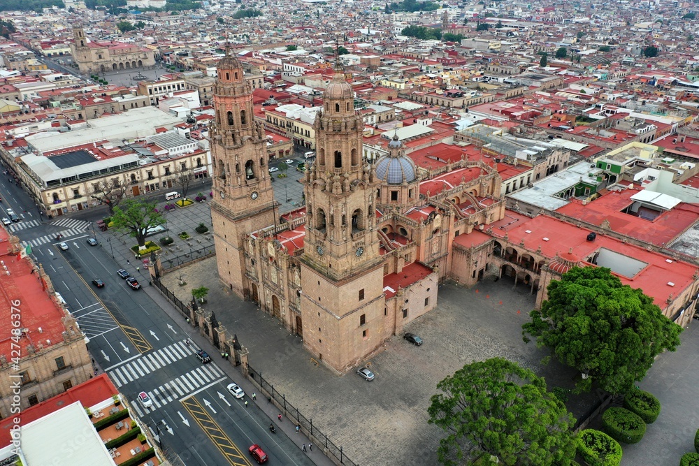 Aerial photo of Catedral de Morelia, located at city downtown. Drone