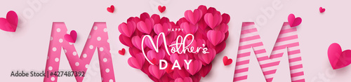 Happy Mothers Day banner. Holiday background with big heart made of pink and red Origami Hearts on soft pink background with paper cut Mom text. Design for fashion ads, poster,  header for website