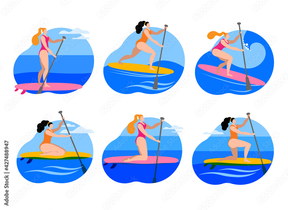 A girl in a swimsuit with a paddle stands on a surfboard. A set of Vector icons or stickers in a flat style on the theme of paddle surfing.