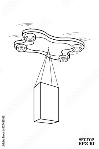 Black and White Drone Quadrocopter with Cubic Box Isolated on White Background. Aircraft Provides Necessary Delivery of Goods. Vector. 3D Illustration