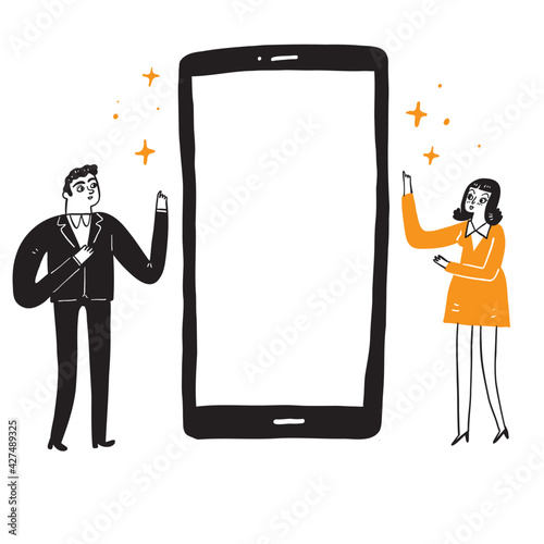 Illustration of man and woman to guide the screen of the smartphone,