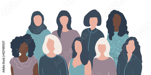 Women's community. Female solidarity. International Women's Day concept. There are women of different races in the picture. People icons. Vector illustration.
