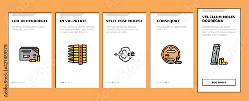 Bullet Ammunition Onboarding Mobile App Page Screen Vector. Bullet Expelling From Gun Barrel Shooting And Hole, Cartridge, Armor Piercing, Boat Tail And Soft Point Illustrations