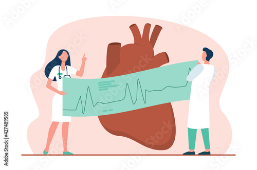 Cardiologists with ECG graph examining heart. Medical checkup flat vector illustration. Cardiology, healthcare, heart disease, medicine concept for banner, website design or landing web page