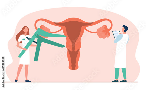 Gynecologists examining uterus. Doctors treating female reproductive organ flat vector illustration. Gynecology, healthcare, medicine concept for banner, website design or landing web page
