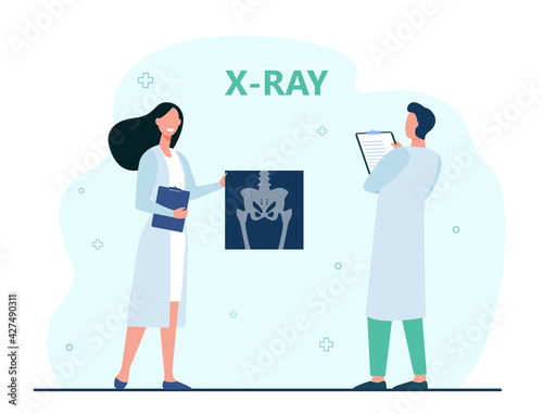 Doctors examining abdomen radiograph. Medical professionals, X-ray examination flat vector illustration. Radiography, healthcare, medicine concept for banner, website design or landing web page