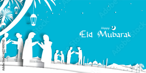 People celebration, forgive each other and shake hands in eid festival with paper cut style