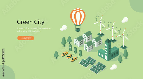 Modern Green City Center with  Private Houses, Solar Energy Panels, Windmills and Electric Cars. Eco Town Powered by Renewable Energy. Ecology Concept. Flat Cartoon Vector Illustration.