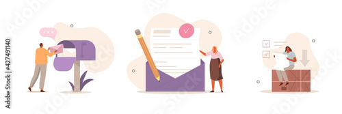 Email Marketing Scenes. People Characters Using Postbox, Sending and Receiving Paper Mails, Boxes. Woman and Man Holding Envelopes and Reading Letters. Flat Cartoon Vector Illustration.