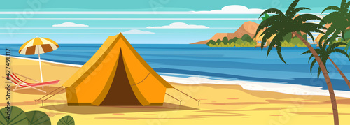 Summer vacation. Tourist tent camping on the tropical beach, palms. Coastline beach sea, ocean, travel