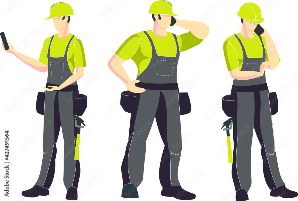 Obraz premium Builders, group illustration. Vector illustration. Industrial theme. Episode from the life of workers. Carpenters.