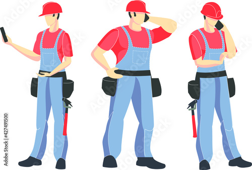 Builders, group illustration. Vector illustration. Industrial theme. Episode from the life of workers. Carpenters.
