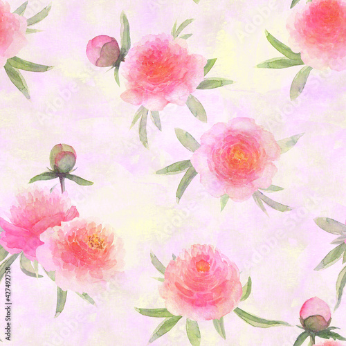 Watercolor pink peonies flowers. Beautiful floral seamless pattern.