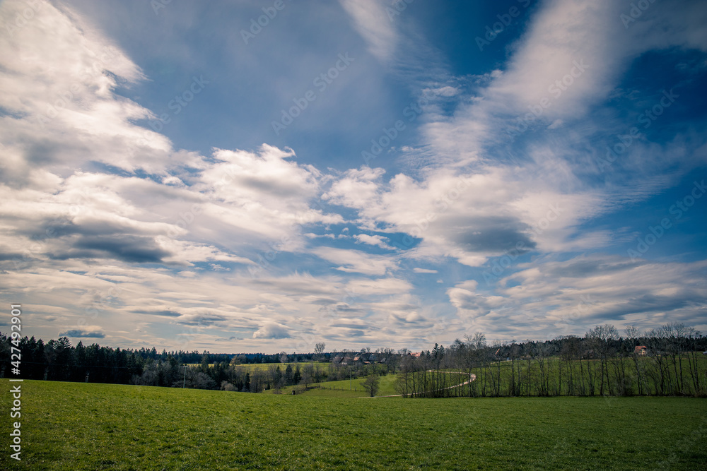 Obraz premium Wide view over the meadow valley with a blue and white cloudy sky