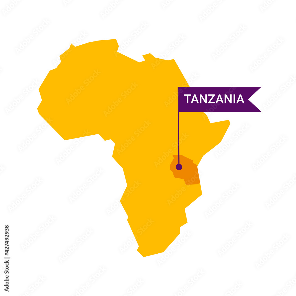 Tanzania on an Africa s map with word Tanzania on a flag-shaped marker. Vector isolated on white. - obrazy, fototapety, plakaty 