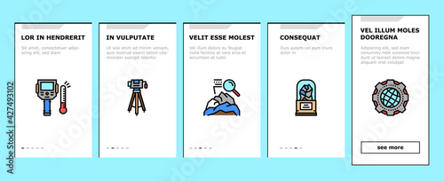 Geology Researching Onboarding Mobile App Page Screen Vector. Gyro Theodolite And And Laser Level, Field Controller And Thermal Imager Geology Equipment Illustrations