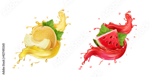 Melon in yellow juice splash, watermelon in red splash realistic vector icon