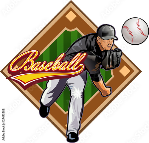 Square shot. Baseball Pitcher and FieldBaseball pitcher throws ball.