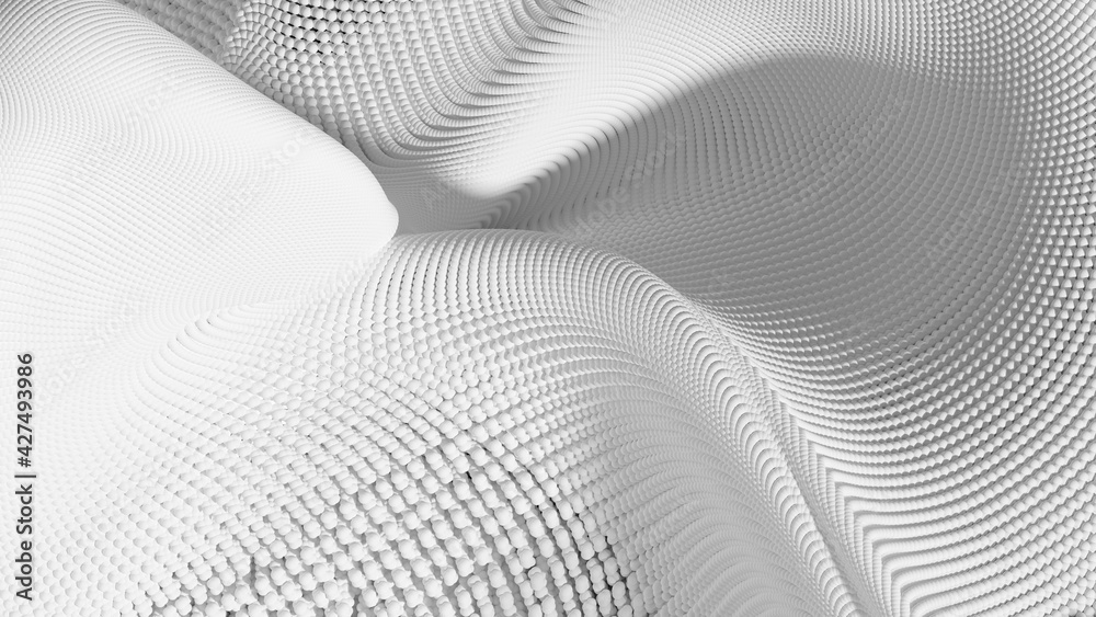 3d render of abstract art black and white monochrome 3d landscape background with surreal dunes field in curve wavy lines forms based on scattered small balls particles in white 3d render of abstract art black and white monochrome 3d landscape background with surreal dunes field in curve wavy lines forms based on scattered small balls particles in white