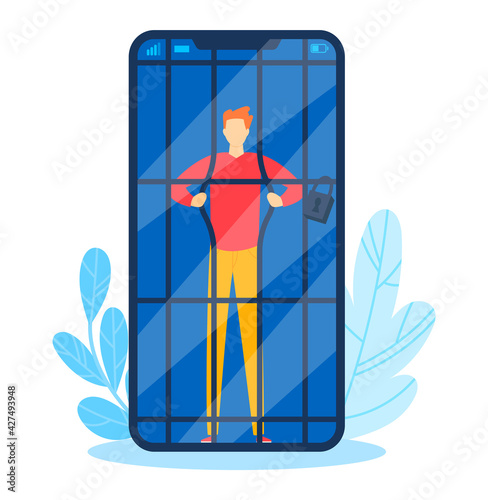 Addiction phone, internet screen, mobile smart phone, addict communication concept, design, cartoon style vector illustration.