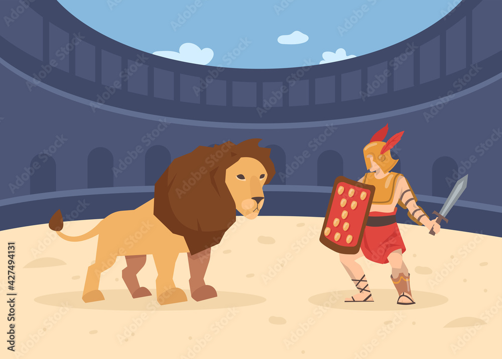 Roman soldier with sword and shield fighting with lion. Cartoon vector  illustration. Gladiator fight in Colosseum battlefield of ancient Rome,  Greece. Ancient history, culture, battle, animal concept Stock Vector |  Adobe Stock