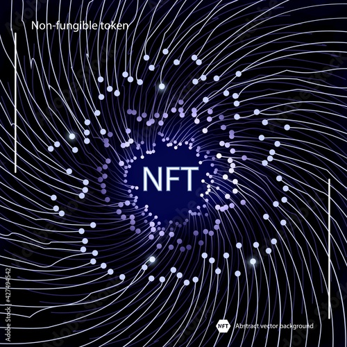 NFT non-fungible token concept on polygonal abstract background. Plexus connect lines with polygonal shapes on dark blue backdrop and white non fungible token sign. Vector card illustration.