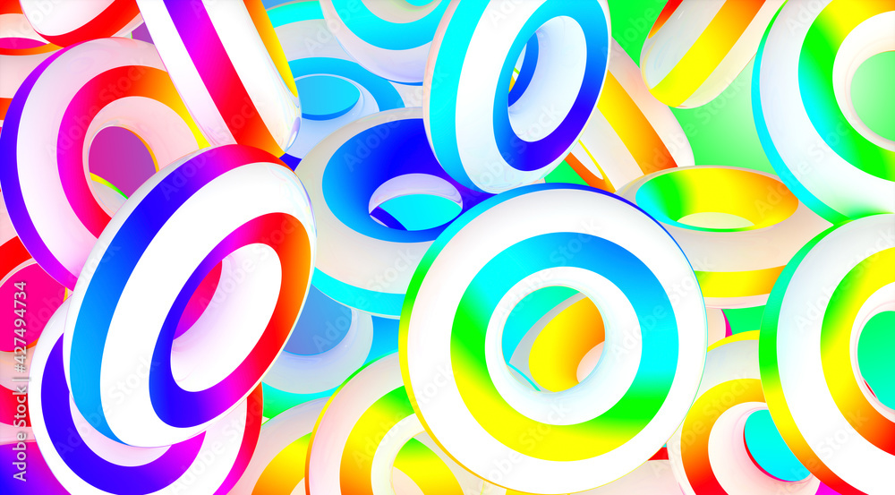 3d render of abstract art of surreal 3d background with festive party rings donuts or torus in soft round shapes in matte white plastic material with stripes in rainbow gradient color on blue back