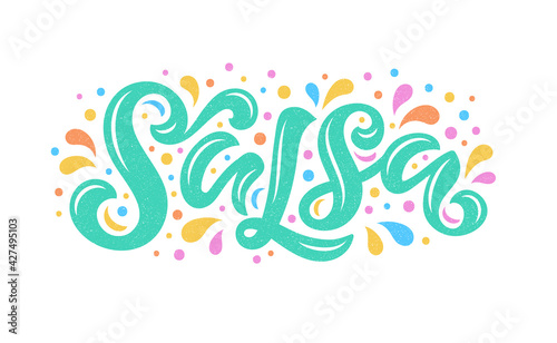 Salsa lettering vector illustration with texture for logo design, banners, tags and announcements. Hand-drawn calligraphy in trendy colors on white background.