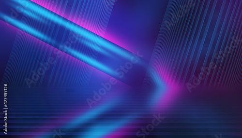 Dark abstract background of empty show stage. Laser show, neon ultraviolet rays, party. 3d illustration