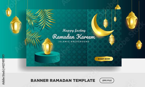 Template Ramadan kareem ornament background, modern happy fasting for web banner.