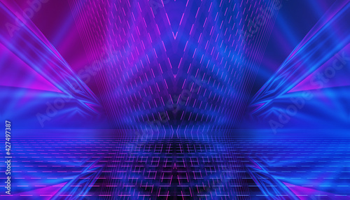 Dark abstract background of empty show stage. Laser show  neon ultraviolet rays  party. 3d illustration