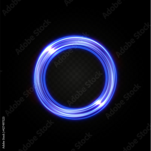 Abstract vector light neon lines swirling in a spiral. Light simulation of line movement. Light trail from the ring. Illuminated podium for promotional products.