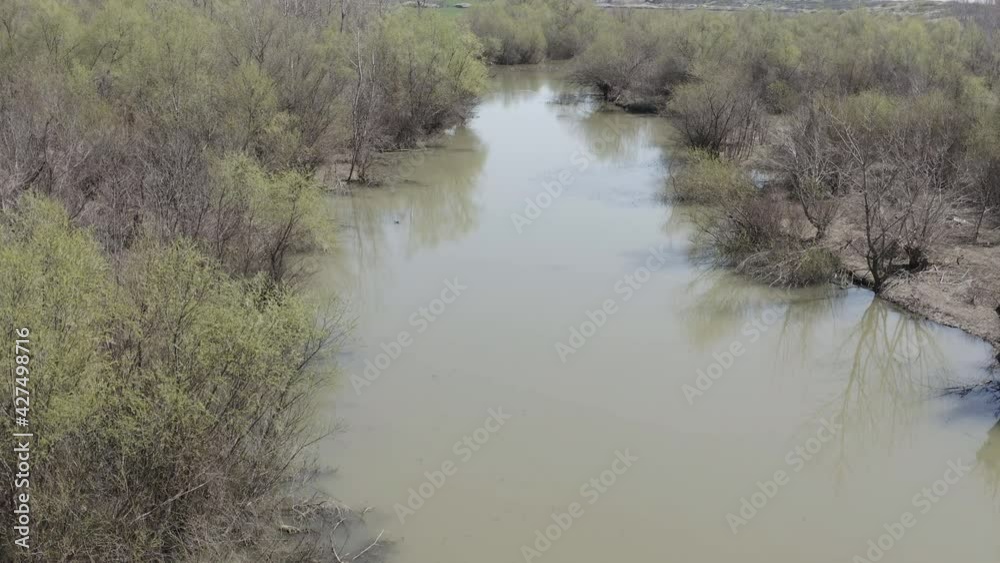 Flying close with a camera drone to a wild murky river surrounded by a thick tree line in the middle of the wilderness on a cloudy spring day Flying close with a camera drone to a wild murky river surrounded by a thick tree line in the middle of the wilderness on a cloudy spring day