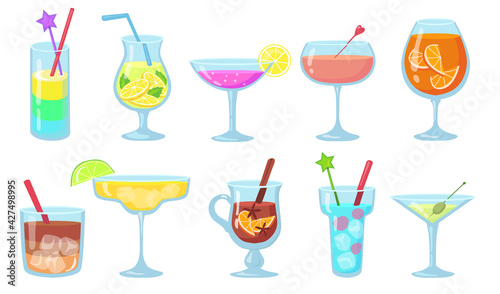 Creative popular alcohol cocktails flat pictures set. Cartoon gin, martini, gluehwein, juice, pina colada in glasses isolated vector illustrations. Drinks and beverages concept