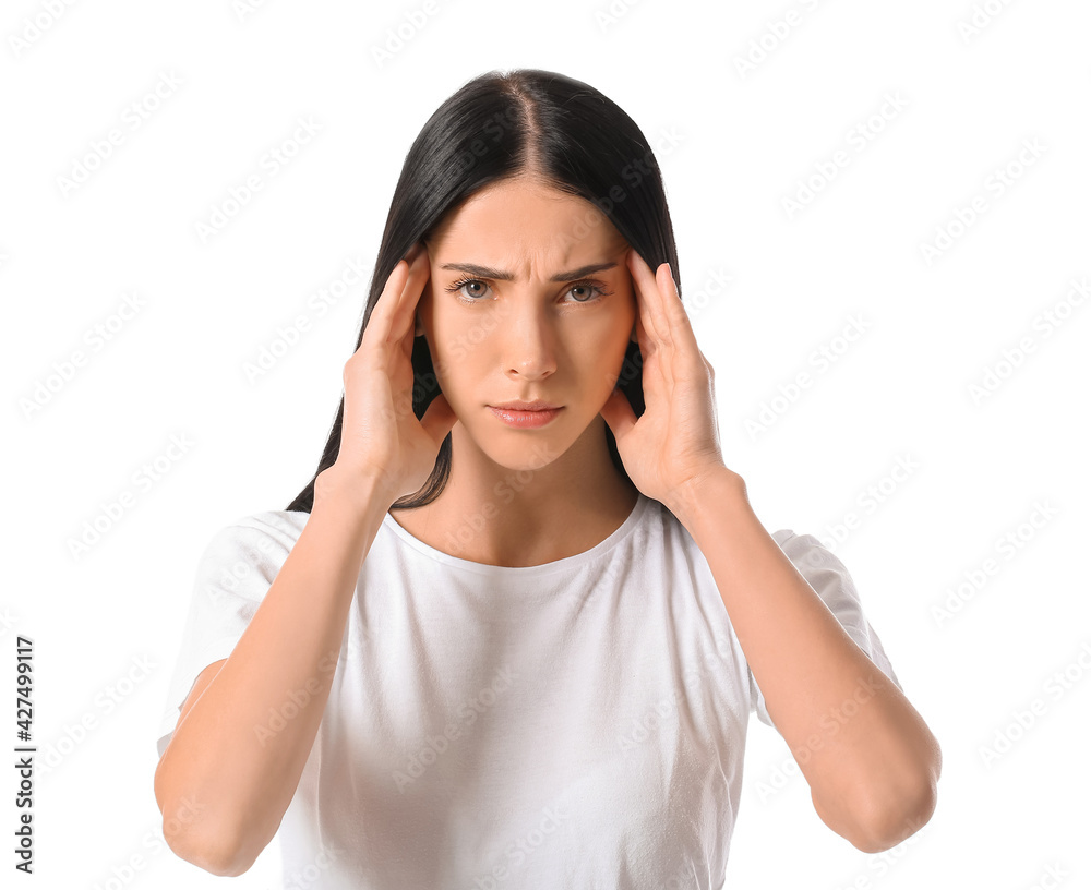 Stressed young woman on white background Stressed young woman on white background