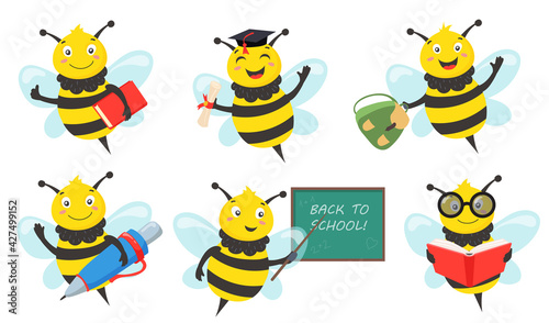 Cute bee in school flat pictures collection. Cartoon creative bee character learning and holding book, pen or bag isolated vector illustrations. Graduation and study concept