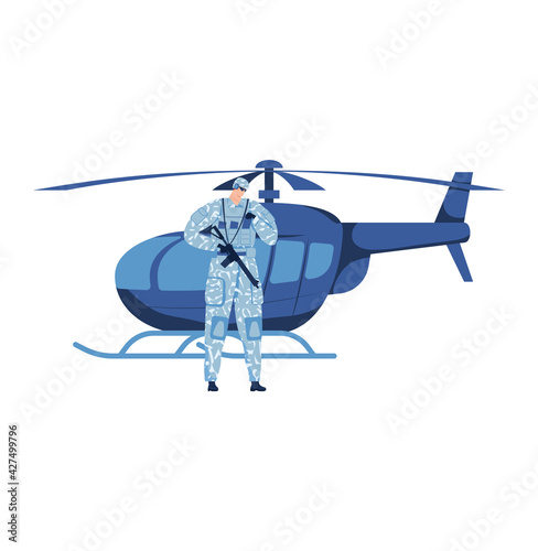 Helicopter man military, fly air, isolated on white, flight conveyance pilot, design, cartoon style vector illustration.
