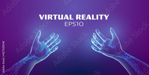 Virtual reality vector background. Hands in VR technology. Touch to virtual reality cyberspace. Augmented tech